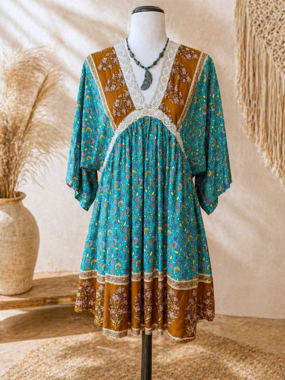 Boho Floral Lace Trim Dress, Teal Rust Print, Cottagecore, GiGiO Brand, Size S - Picture 5 of 11